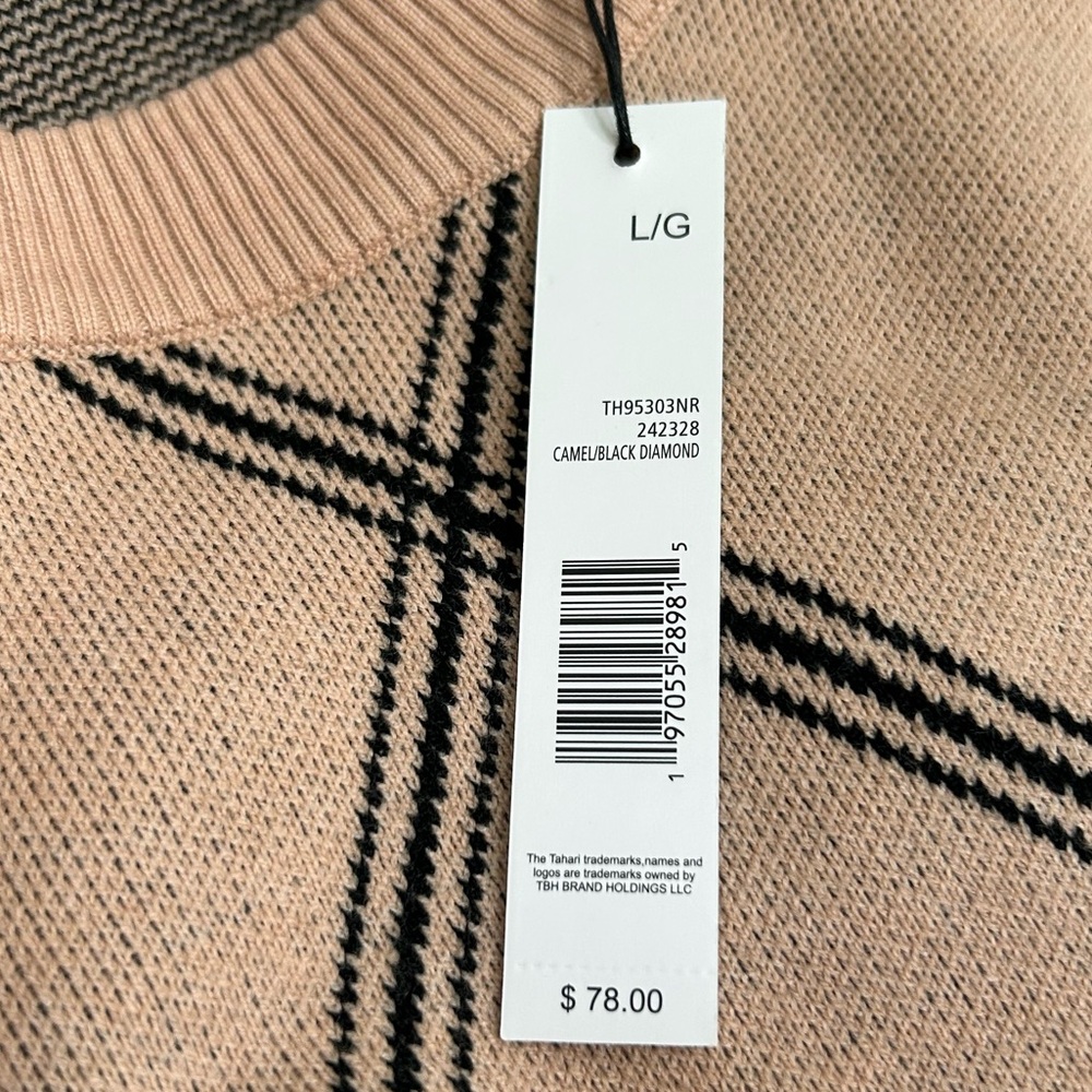 T Tahari Cassic Crewneck Camel Sweater Black Diamond Detail Relaxed Women L NEW - Picture 12 of 16